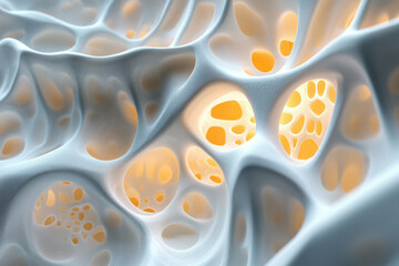 Poster - Abstract 3D rendering of a porous, organic structure with glowing inner cavities, resembling a sponge or bone.