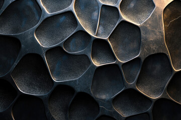 Poster - Abstract dark metallic surface with an intricate, organic, honeycomb-like pattern.