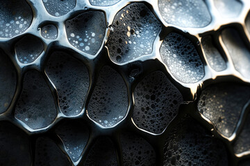 Poster - Abstract close-up of a metallic surface with a honeycomb-like structure and small bubbles.