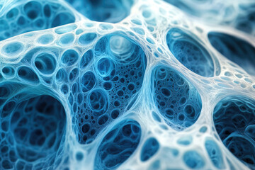 Poster - Abstract blue fractal image depicting a complex, porous, web-like structure resembling a network or sponge.