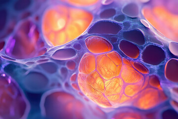 Poster - Microscopic view of interconnected cells, vibrant orange and purple hues, intricate network structure.