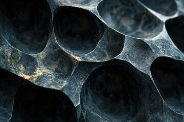 Aufkleber - Abstract dark textured surface with irregular cavities and gold accents.  Mysterious, abstract background.