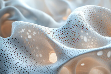 Poster - Abstract 3D render of a light beige fabric with a perforated pattern, forming undulating waves and organic shapes.