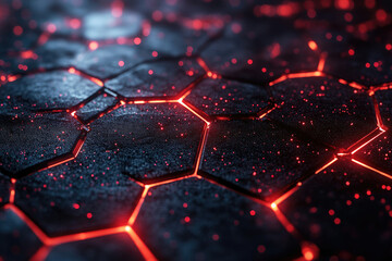 Poster - Glowing hexagonal grid, dark metallic surface with red energy lines. Futuristic abstract background.