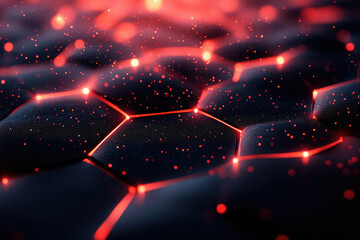 Poster - Abstract hexagonal grid with red glowing lines and particles, futuristic technology background.