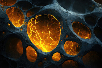 Poster - Abstract image of a dark, porous structure with glowing orange veins inside, resembling a cavern or organic form.