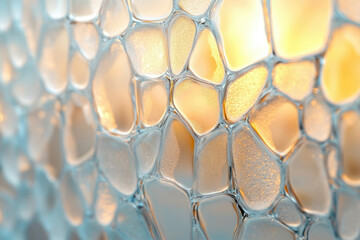 Poster - Abstract image of translucent, interconnected cells illuminated from behind, creating a warm, textured pattern.