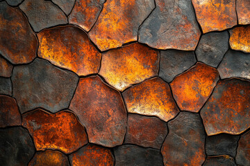 Poster - Rustic orange and dark brown metallic textured stone wall, resembling an ancient or weathered surface.