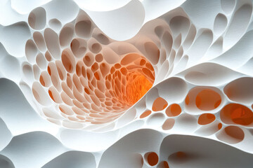Poster - Abstract 3D rendering of a swirling, porous, white structure with orange inner glow, resembling a tunnel or cave.