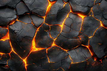 Poster - Molten lava flows through cracks in dark volcanic rock, creating a fiery, textured surface.