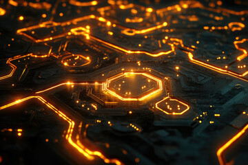 Poster - Glowing orange circuits on a dark metallic surface, resembling a futuristic technological design.