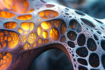 Poster - Abstract 3D render of a porous, organic-looking structure with glowing orange interiors.