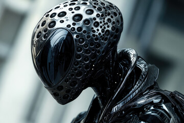 Aufkleber - Close-up of a sleek, black, biomechanical robot with a unique helmet design.