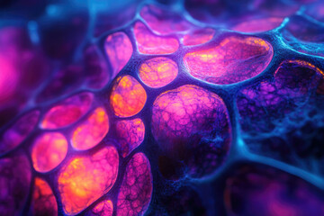 Poster - Abstract image depicting a vibrant, bioluminescent, porous structure with glowing pink and blue hues.