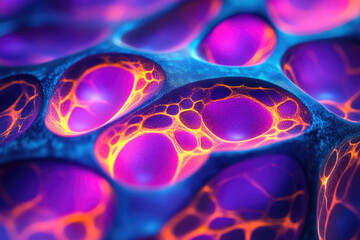 Poster - Abstract vibrant image showcasing a bioluminescent, organic, network of glowing cells or structures.
