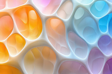 Poster - Abstract pastel-colored 3D render of an interconnected, porous structure resembling a network or sponge.