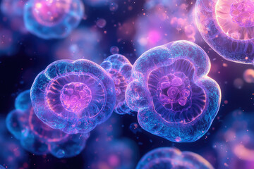 Poster - Microscopic view of glowing, bioluminescent cells, possibly representing a cellular structure or organism.