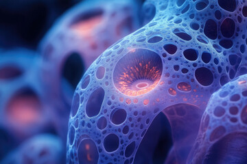 Poster - Abstract close-up of a porous, bioluminescent structure with glowing orange centers, resembling a microscopic organism or futuristic design.