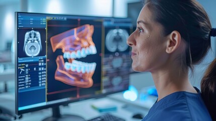 Fototapete - A healthcare professional examines detailed dental scans displayed on a large screen in a high tech medical environment, focusing on patient care and imaging technology.