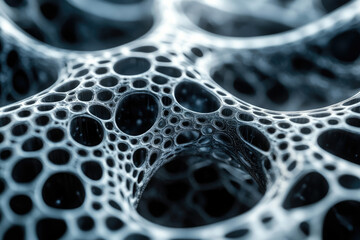 Poster - Abstract 3D rendering of a complex network structure with interconnected nodes and cavities.