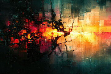 Poster - Abstract art depicting a fragmented cityscape with warm and cool tones, creating a sense of chaos and energy.