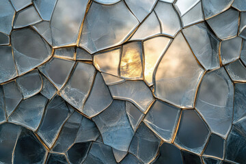 Poster - Abstract image of fractured glass reflecting a sunset, showcasing intricate patterns and textures.