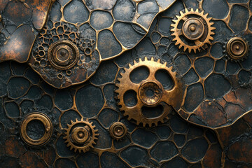 Aufkleber - Steampunk-inspired artwork featuring intricate bronze gears and cogs on a dark, textured background.