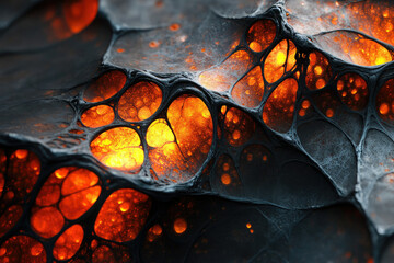 Poster - Glowing orange lava trapped within a dark, intricate, web-like structure.
