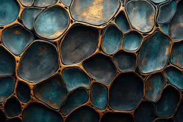 Poster - Abstract textured artwork featuring an intricate network of interconnected teal and bronze organic shapes.
