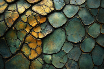 Poster - Abstract textured background featuring a mosaic of irregularly shaped, gold and teal stones.