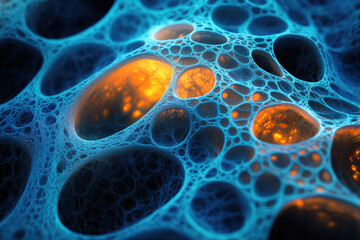 Aufkleber - Abstract 3D render of a complex, interconnected network with glowing orange cavities within a vibrant blue structure.