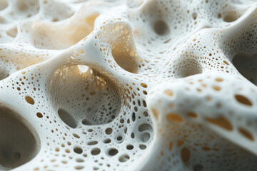 Poster - Abstract 3D rendering of a porous, cavernous structure resembling foam or bone.