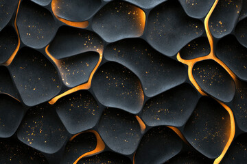 Poster - Abstract 3D render of dark grey organic shapes with glowing gold veins and golden dust.