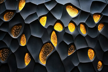Poster - Abstract dark textured surface with glowing yellow ovals, creating a unique pattern.