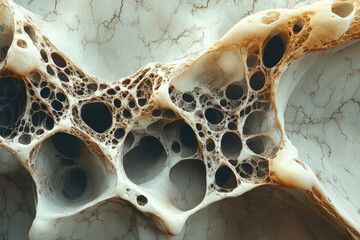 Aufkleber - Intricate, porous structure resembling bone or sponge, with interconnected cavities and a complex network.