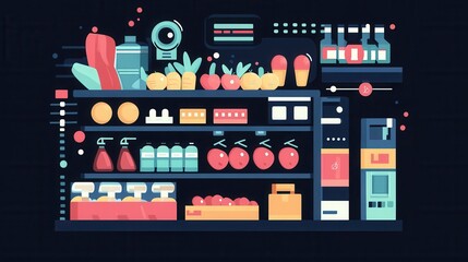 Fototapete - Stylized flat design illustration of an online grocery order summary on a digital screen featuring fruits, vegetables, and household items