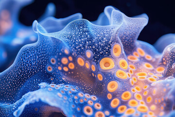 Poster - Abstract blue and orange organic form, resembling a bioluminescent sea creature with intricate textures and glowing pores.