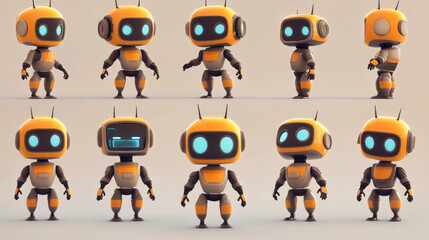 Poster - Cartoon robots. Artificial bot character with funny face, arms body and legs, various AI mascot.  futuristic robot isolated set. Smart humanoid, innovative technology cyborgs