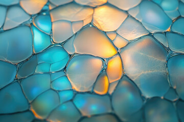 Poster - Abstract image of interconnected, iridescent bubbles in teal and orange hues, creating a mesmerizing pattern.