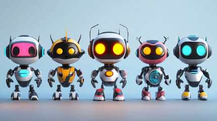 Poster - Cartoon robots. Artificial bot character with funny face, arms body and legs, various AI mascot.  futuristic robot isolated set. Smart humanoid, innovative technology cyborgs