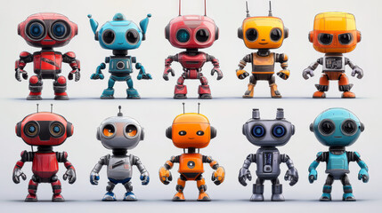 Poster - Cartoon robots. Artificial bot character with funny face, arms body and legs, various AI mascot.  futuristic robot isolated set. Smart humanoid, innovative technology cyborgs