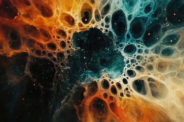 Poster - Abstract cosmic artwork depicting a nebula with intricate, organic shapes and vibrant colors.