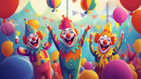 Circus clowns. Cartoon clown comedian juggling, funny clowns nose or jester party circus costume with balloon and happy laughing clowns face. Vector illustration isolated icons set