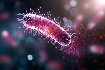 Poster - Pink glowing bacteria cell with detailed surface proteins and receptors floating in dark microscopic environment with bokeh light effects and particles.