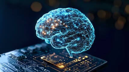 Poster - Glowing blue digital brain hologram floating above electronic circuit board with neural network connections and light effects. For AI and technology concepts.