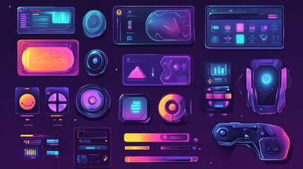 Poster - Game frame. Streaming interface elements, button icon frame futuristic layout asset, HUD live broadcast dashboard collection. Vector pop up stream set of frame game interface element illustration