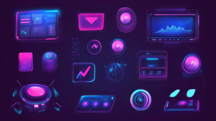 Poster - Game frame. Streaming interface elements, button icon frame futuristic layout asset, HUD live broadcast dashboard collection. Vector pop up stream set of frame game interface element illustration