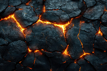 Poster - Molten lava flows through cracked, dark volcanic rock, creating a fiery, textured surface.