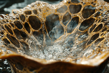 Poster - Abstract image of swirling, golden liquid forming intricate patterns resembling a natural formation.