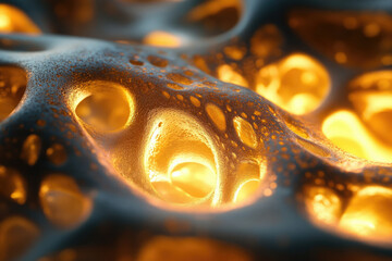 Poster - Abstract image depicting a porous, glowing, golden substance resembling a cellular structure or a sponge-like material.